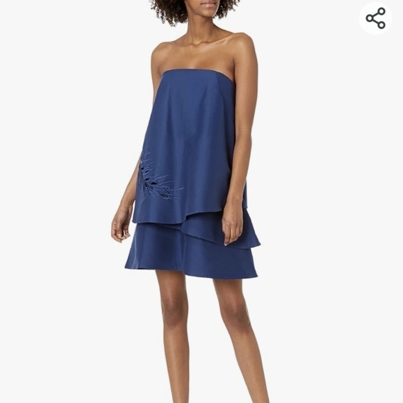 Halston Heritage Women's 12 Blue Strapless Tiered Embroidery Detail Dress Silk - Picture 10 of 13